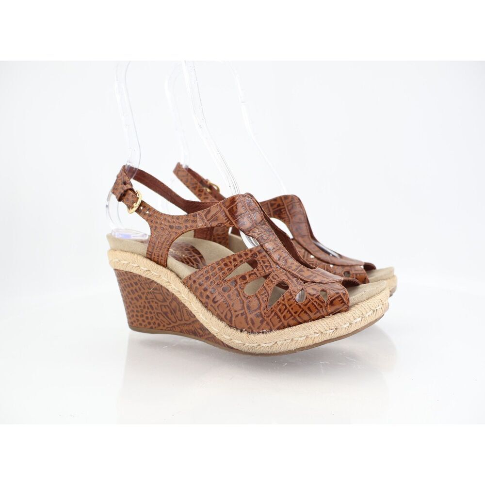 Earthies Women's Bali Sandal Size 8 Wedge Slingback Brown Croc Leather Comfy